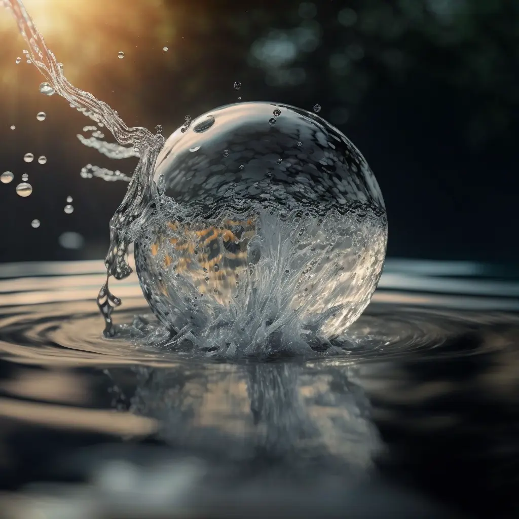 ball of water suspended in the air, ripples and splash on surface, with sparkling crisp radiant reflections, sunlight gleaming, Canon 35mm lens, hyperrealistic photography, style of unsplash